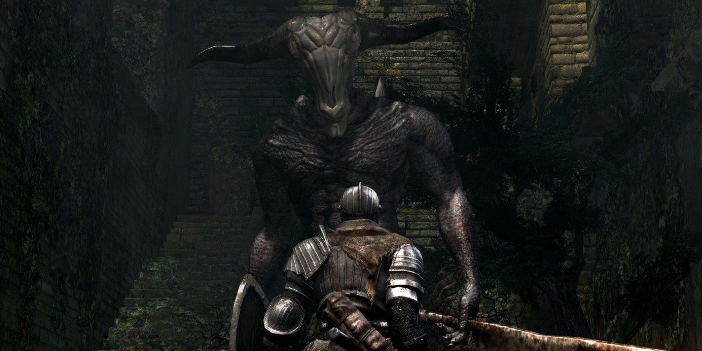 A character faces the Capra Demon in Dark Souls