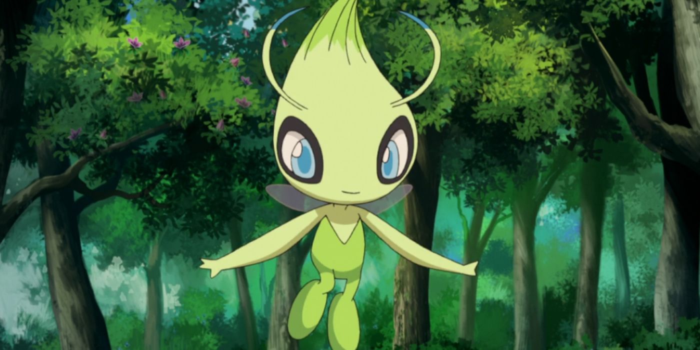 O Pokémon Mítico Celebi flutuando em uma floresta
