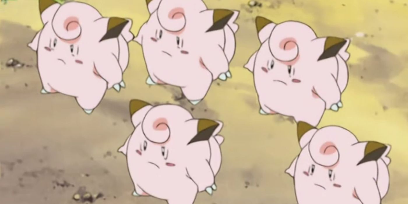 Several Clefairy stand together in the Pokemon anime.