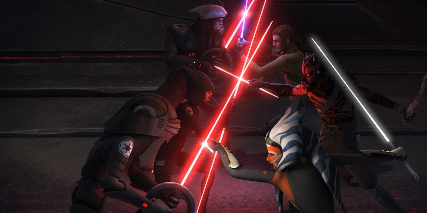 Darth Maul helps Ahsoka Ezra and Kanan fight Inquisitors on Malachor in Star Wars Rebels