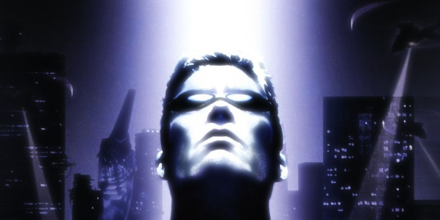 The box art for Deus Ex, featuring the main character in front of a dystopian city background.
