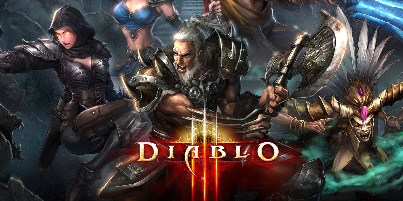 Various characters pose on a loading screen from Diablo III
