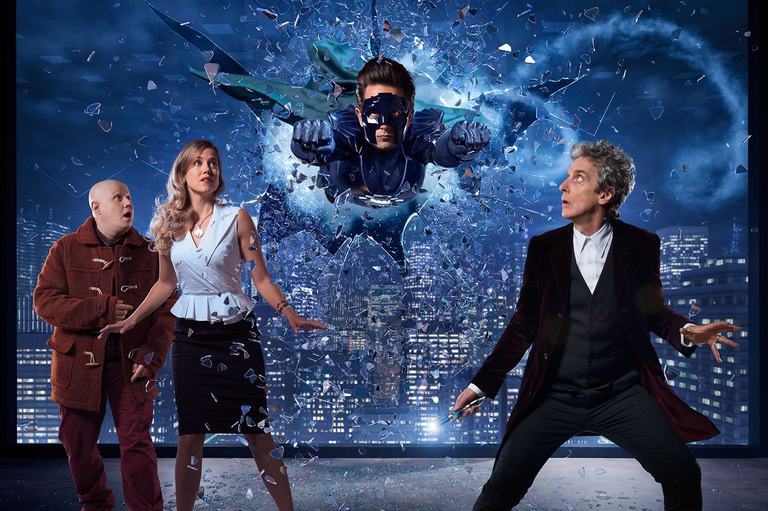 Picture shows: Matt Lucas as Nardole, Charity Wakefield as Lucy, Justin Chatwin as The Ghost and Peter Capaldi as The Doctor