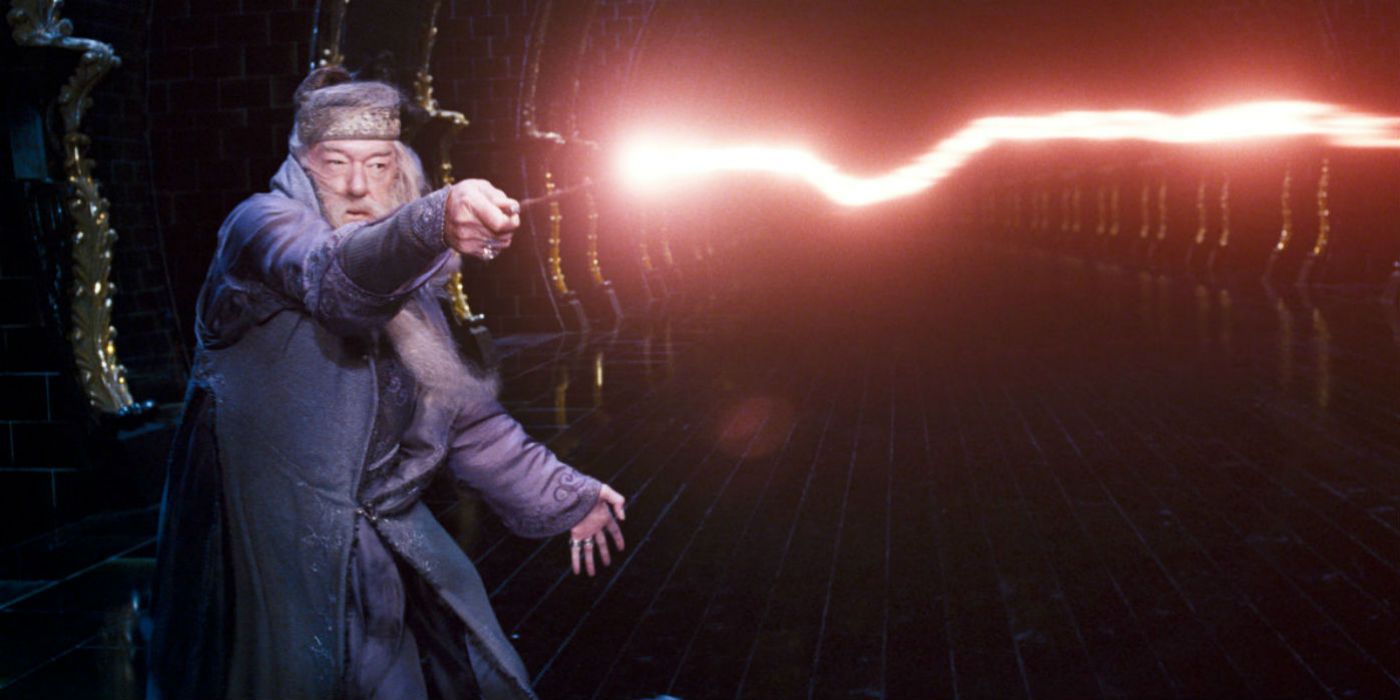 Michael Gambon as Dumbledore dueling in Harry Potter and the Order of the Phoenix.