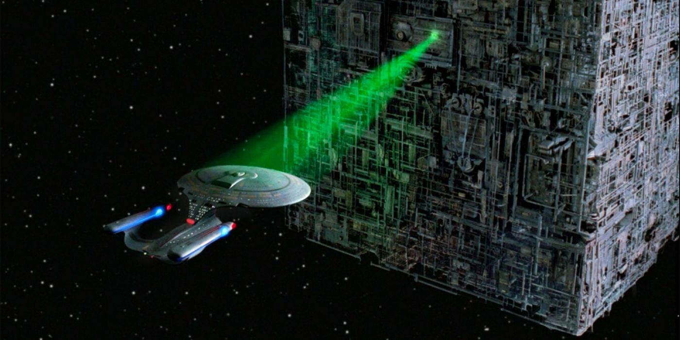Enterprise E vs. the Borg Cube in Star Trek: First Contact.