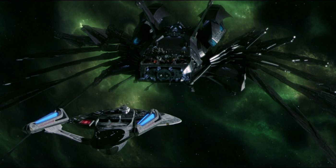 A picture of the Enterprise E vs. the Scimitar in Star Trek: Nemesis is shown.