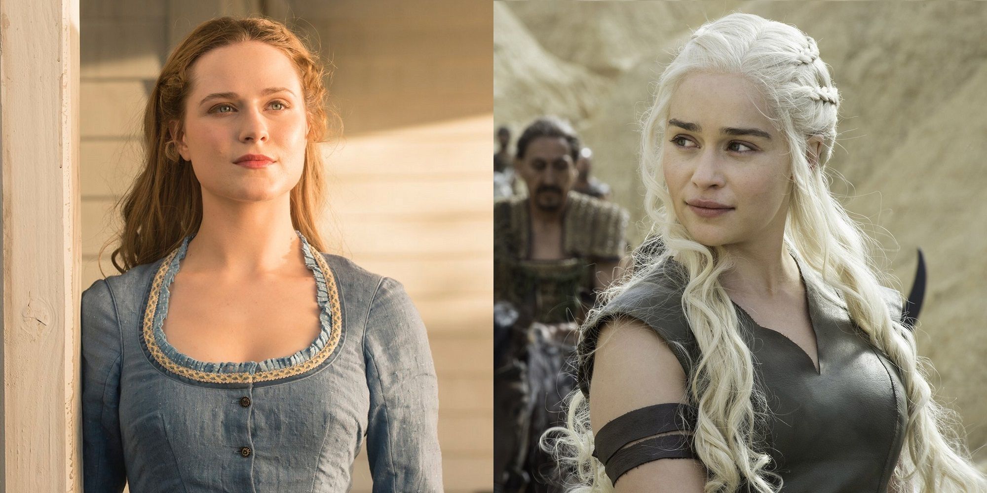 Evan Rachel Wood as Dolores in Westworld and Emilia Clarke as Daenerys Targaryen in Game of Thrones