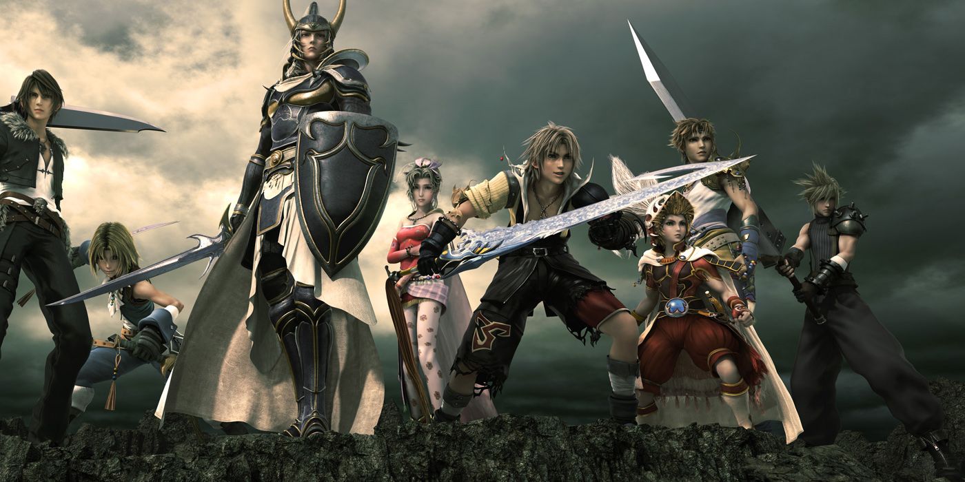 Final Fantasy Dissidia Heroes lined up against a cloudy horizon.