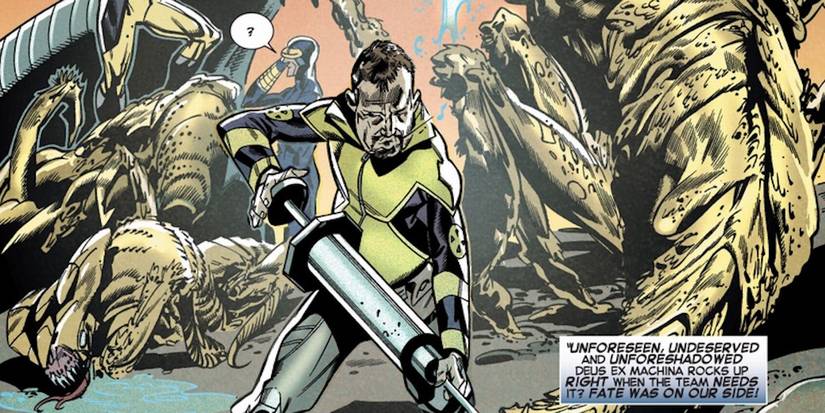 Comic book panel: ForgetMeNot appears in an X-Men coat with a large syringe.