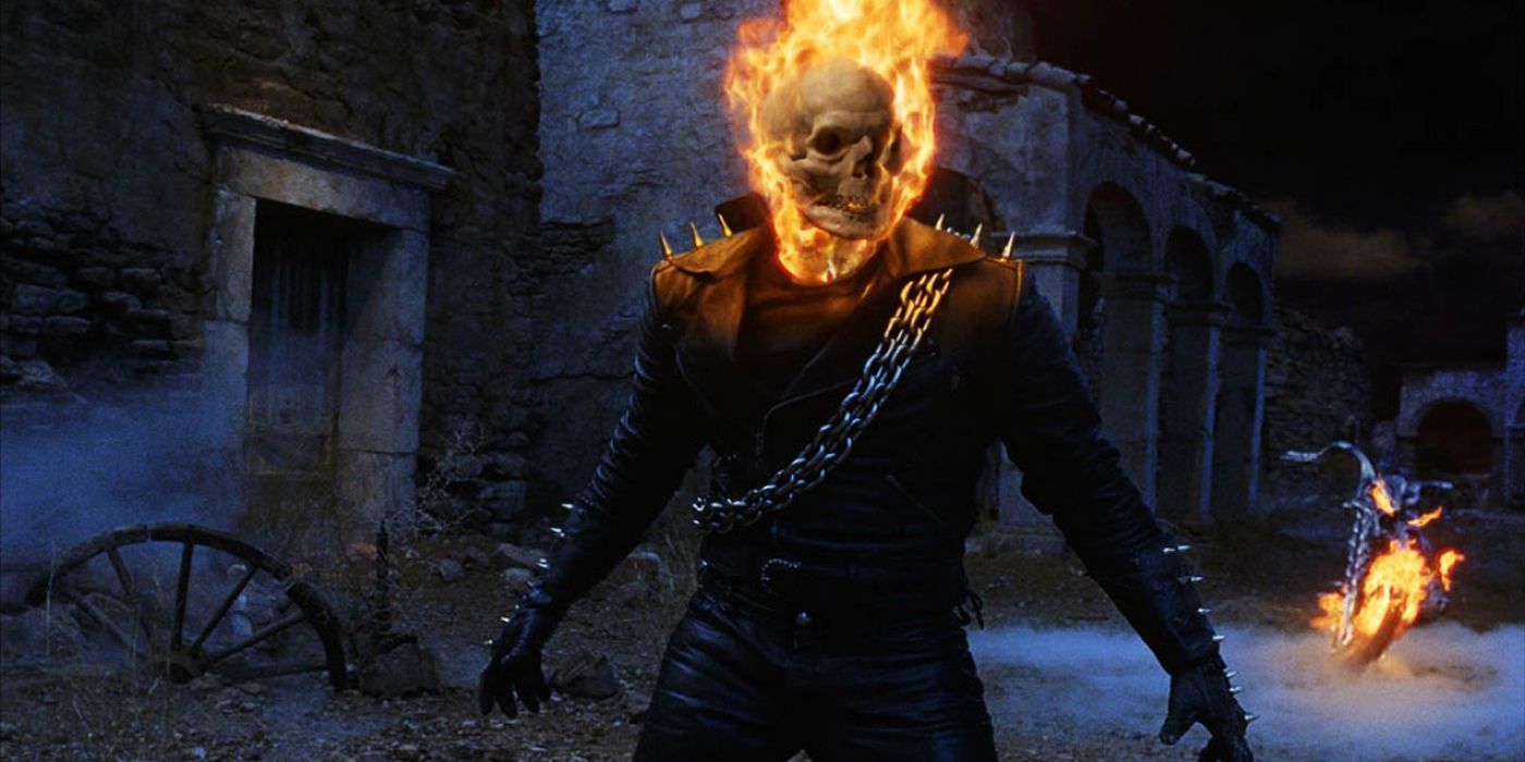 Nicolas Cage as Ghost Rider with a flaming skull