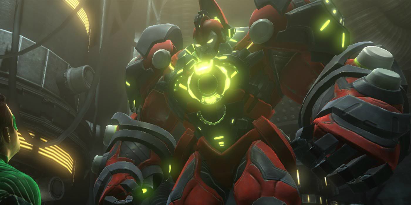 Green Lantern faces off against a mech in Rise of the Manhunters