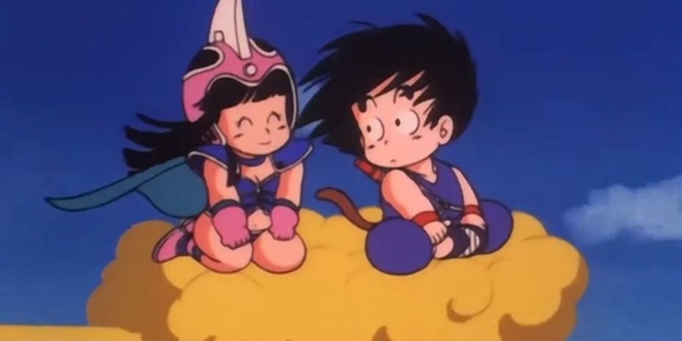 Goku and Chi-Chi ride on the flying nimbus in Dragon Ball