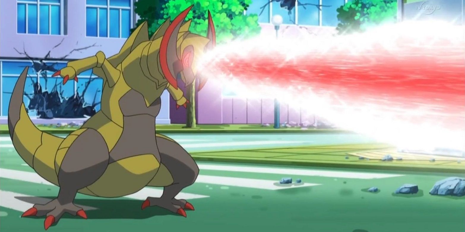 Haxorus using Hyper Beam in the Pokemon anime.