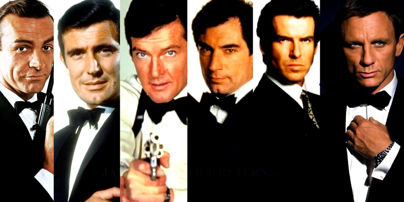 Image showing all six main James Bond actors. From left to right: Sean Connery, George Lazenby, Roger Moore, Timothy Dalton, Pierce Brosnan, and Daniel Craig.