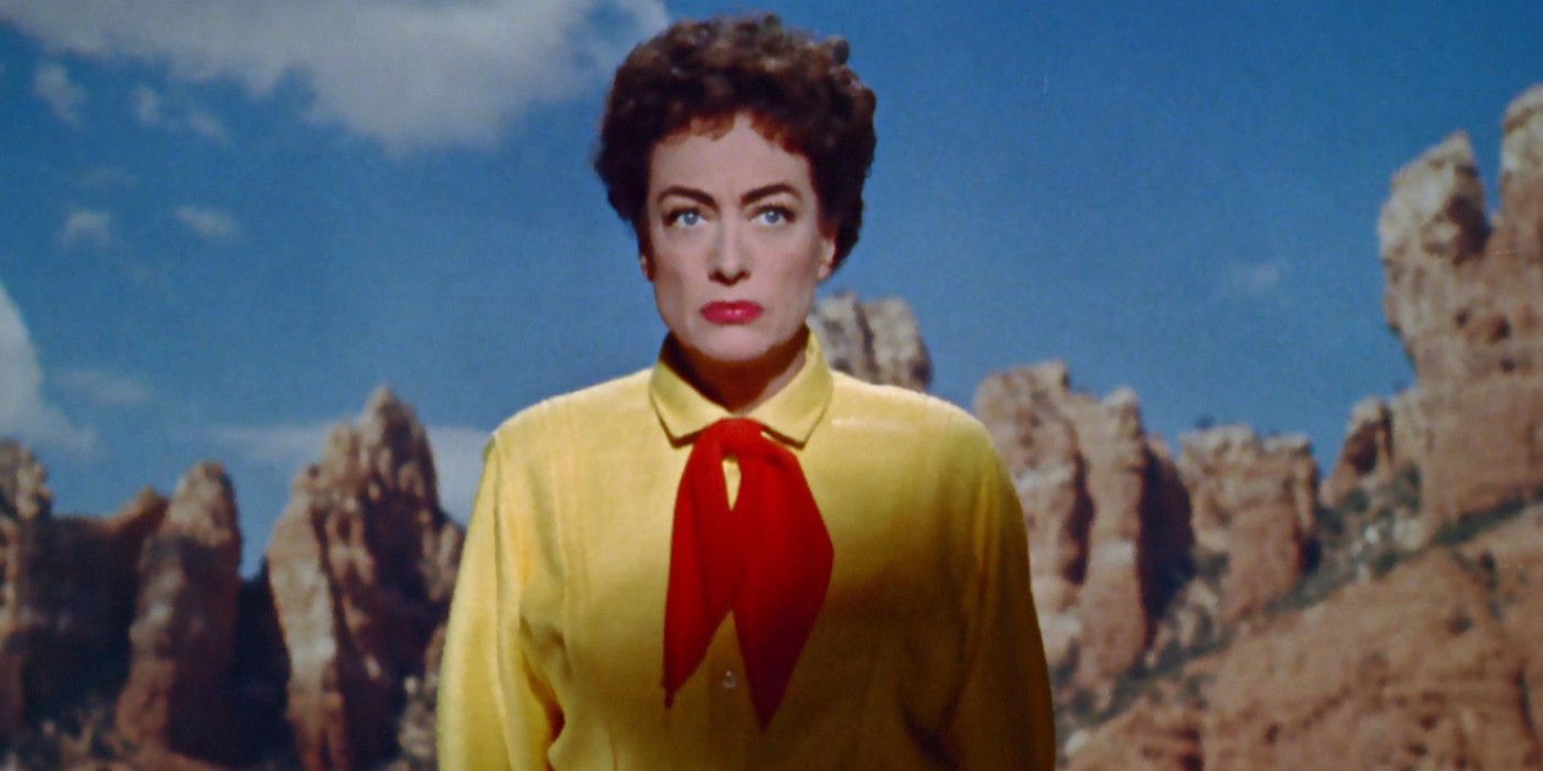 Joan Crawford in a yellow shirt and red kerchief in Johnny Guitar.