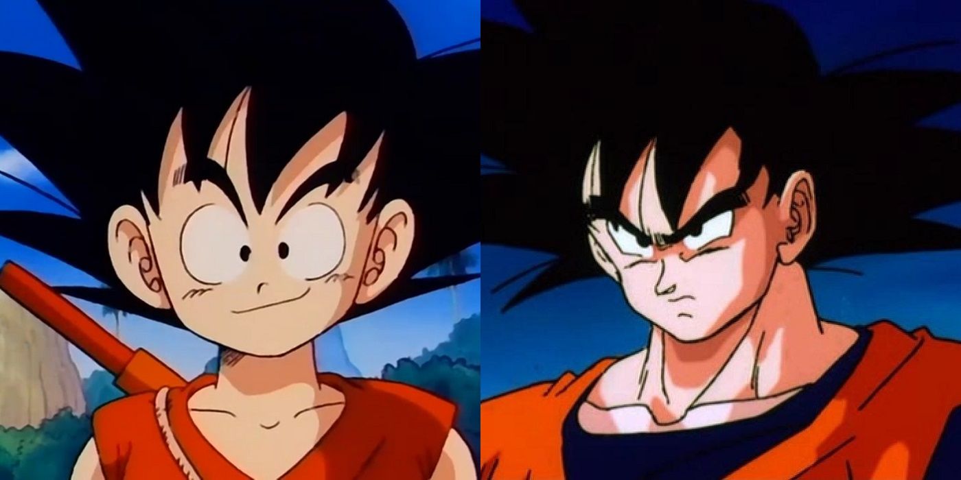 Kid Goku in Dragon Ball alongside adult Goku in Dragon Ball Z
