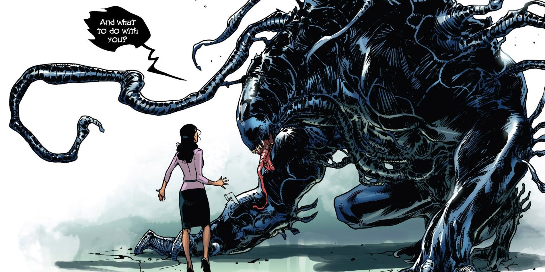 A gigantic Venom looms over a woman from Marvel Comics 