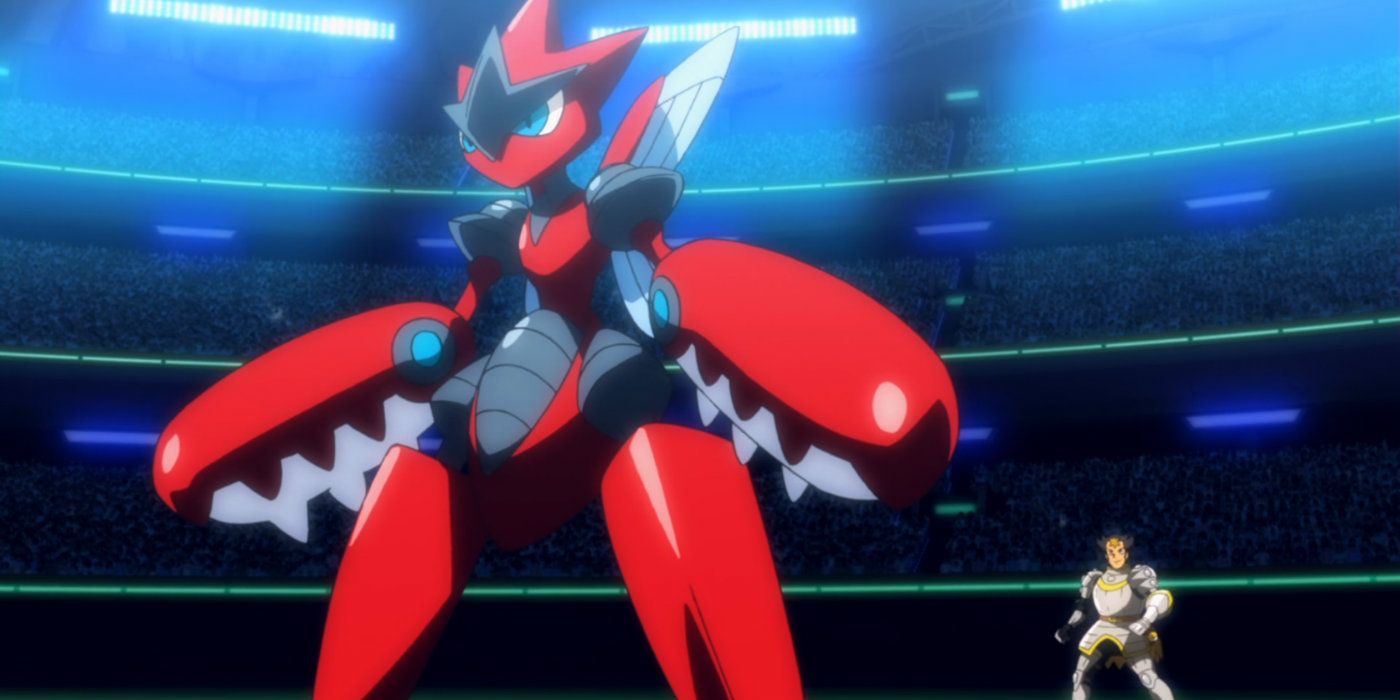 Mega Scizor stands in a stadium in battle in the Pokemon anime