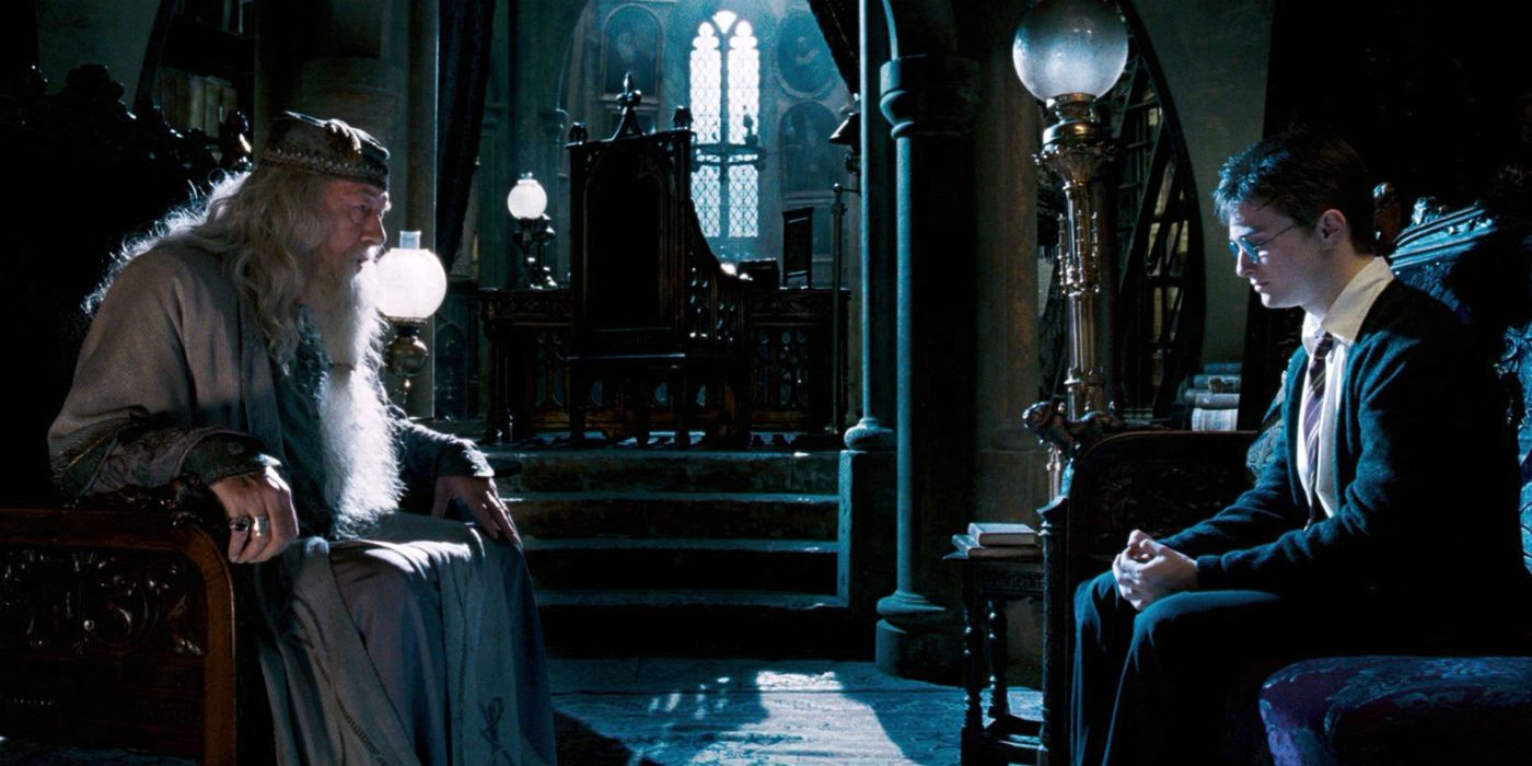 Michael Gambon as Albus Dumbledore and Daniel Radcliffe as Harry Potter