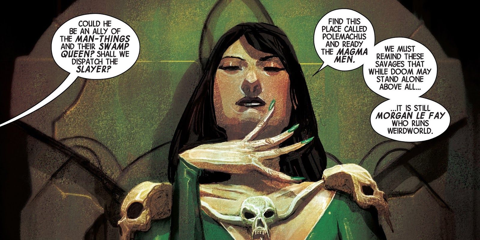 Morgan Le Fay sits and poses with her hand in Marvel Comics.