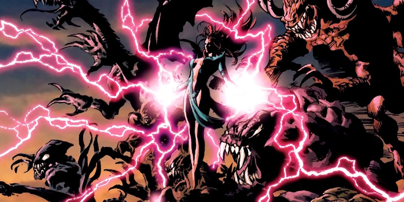 Morgan le Fay uses her powers, shooting lightning out from all sides of her