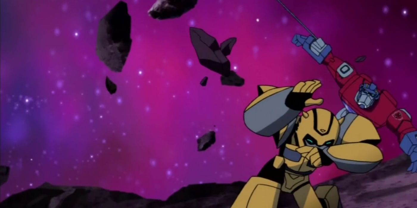 Optimus Prime swings on his grapple line in Transformers Animated