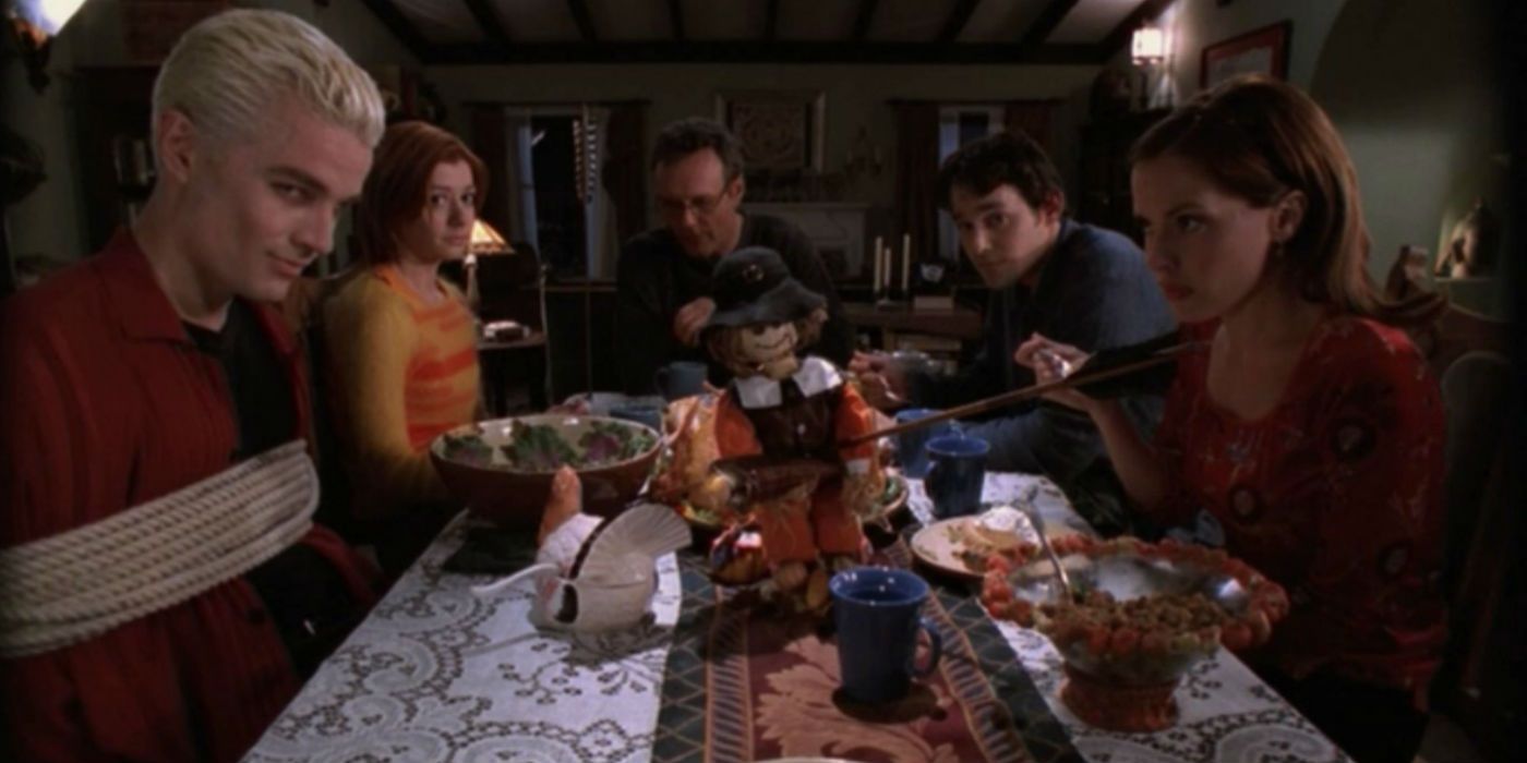 The Scoobie gang at Thanksgiving dinner in Buffy the Vampire Slayer