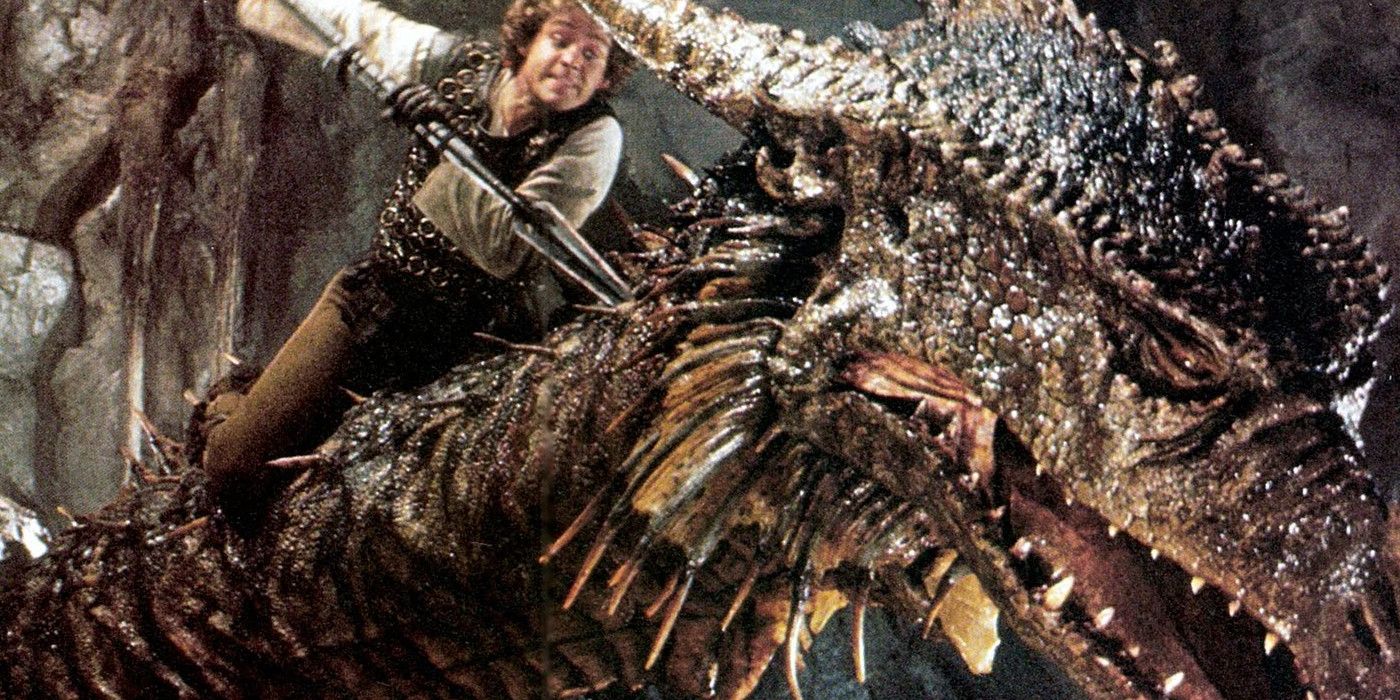 Peter MacNicol stabbing a dragon in the back of the head in Dragonslayer