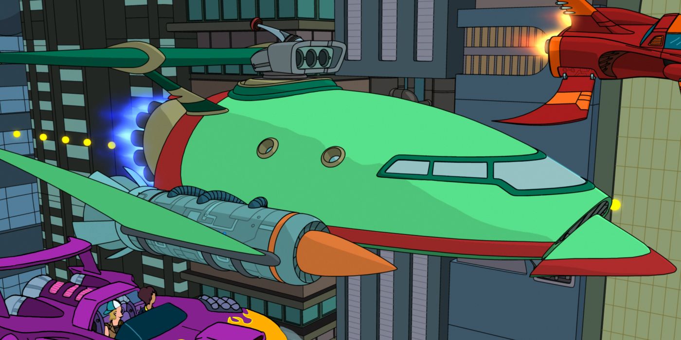 An image of Planet Express ship flying in Futurama