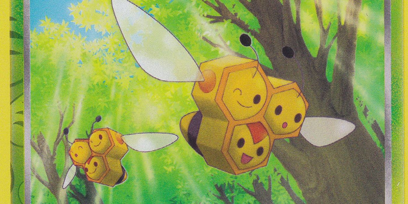 Combee flying through the forest in the Pokémon Trading Card Game art.