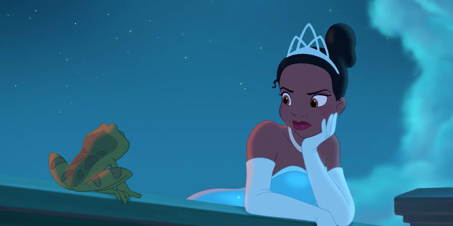 Princess and the Frog lean against a ledge