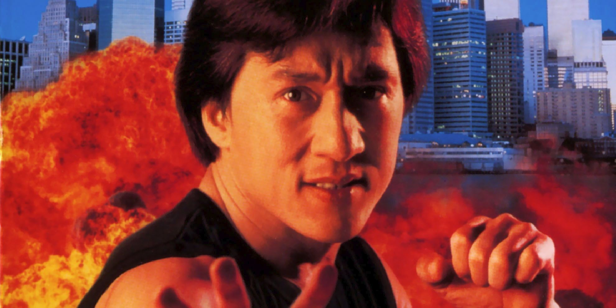 Rumble in the Bronx Jackie Chan in front of an explosion from the movie poster