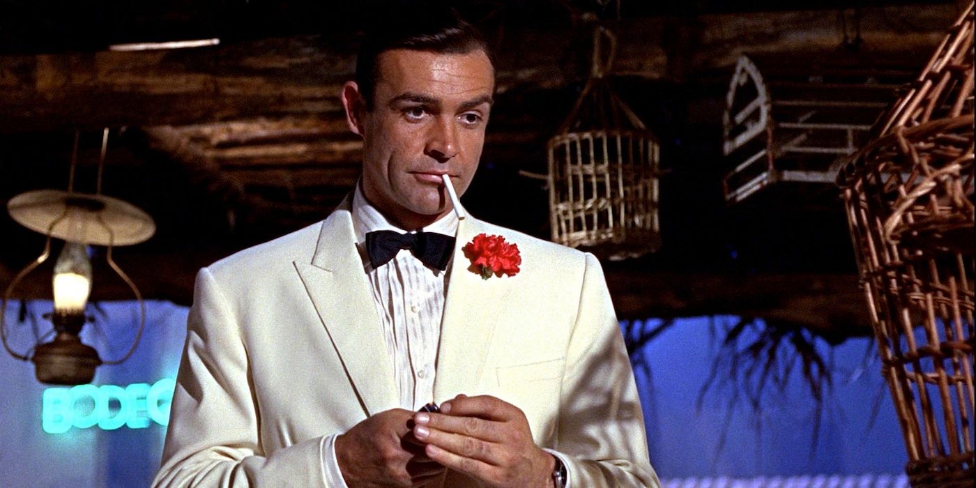 Sean Connery as James Bond wearing a tuxedo in Goldfinger