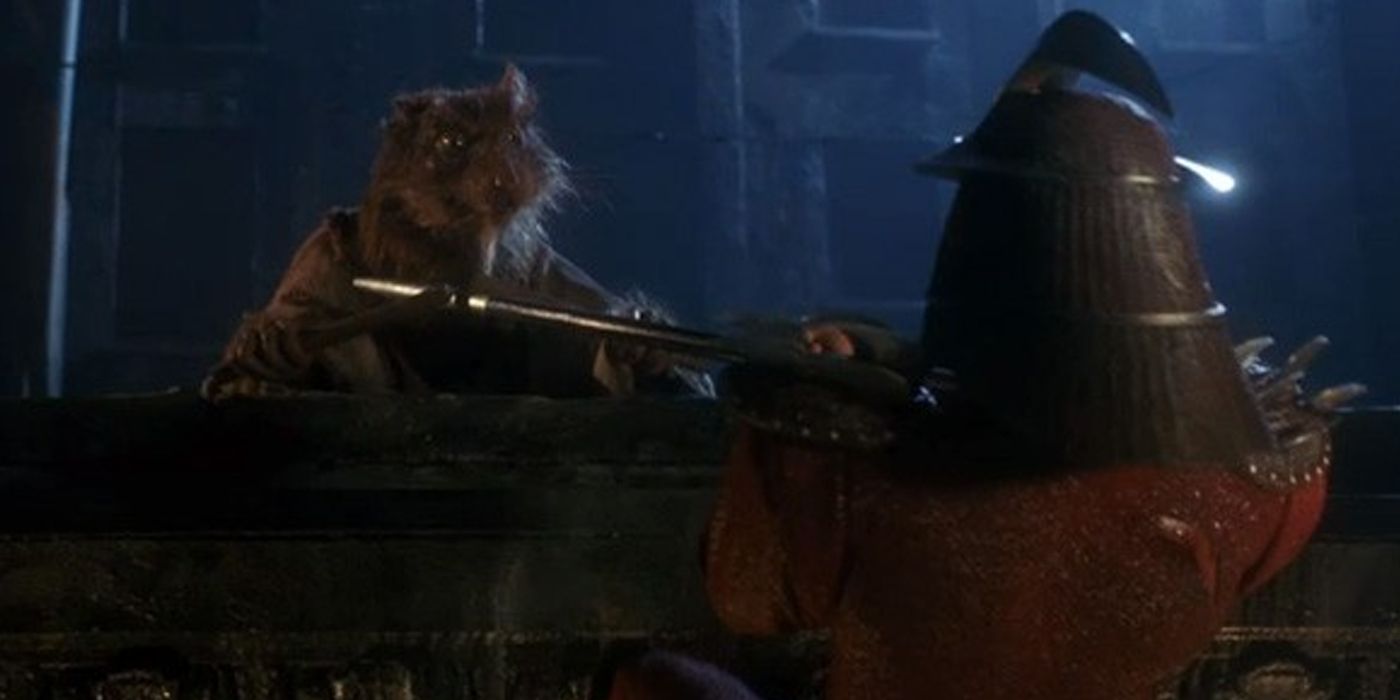 Shredder and Splinter face off in the first TMNT movie.