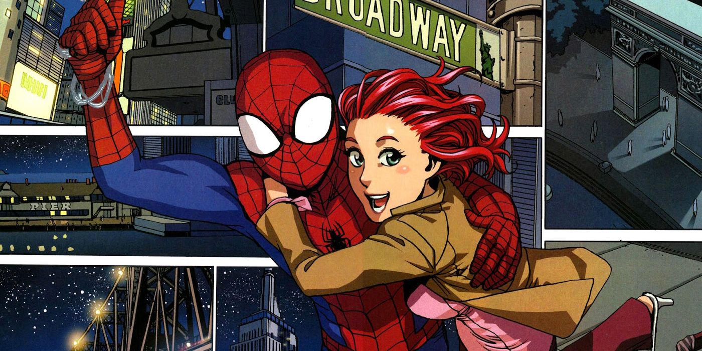 Spider-Man swings with Mary Jane across the New York streets in Spider-Man Loves Mary Jane