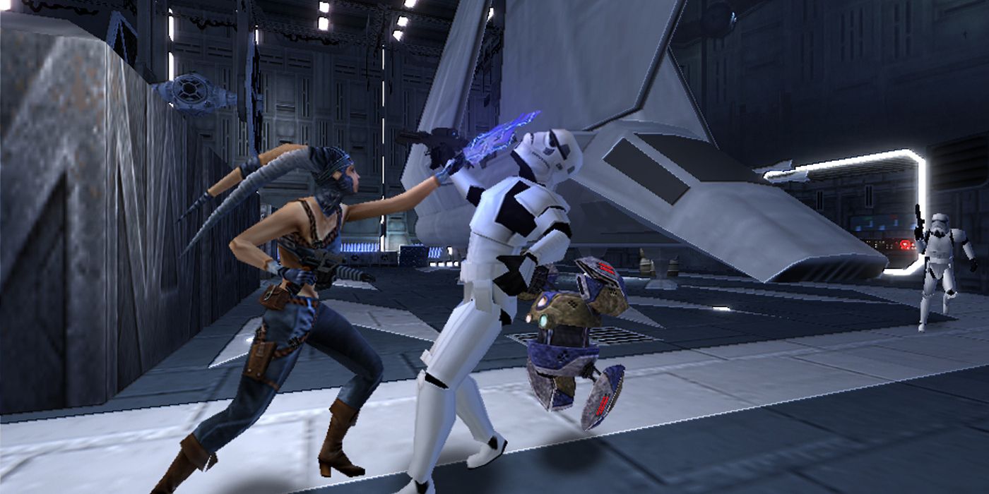 Rianna Saren fighting Stormtroopers in Star Wars Lethal Alliance (2006)