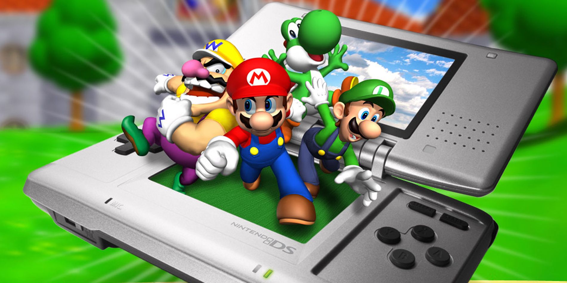 Mario, Wario, Luigi e Yoshi saltando de um Nintendo DS.