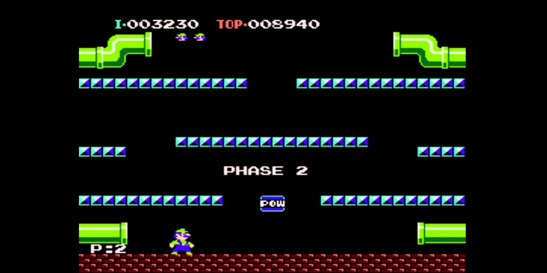 An image of Luigi traveling through the levels in the Super Mario Bros arcade game