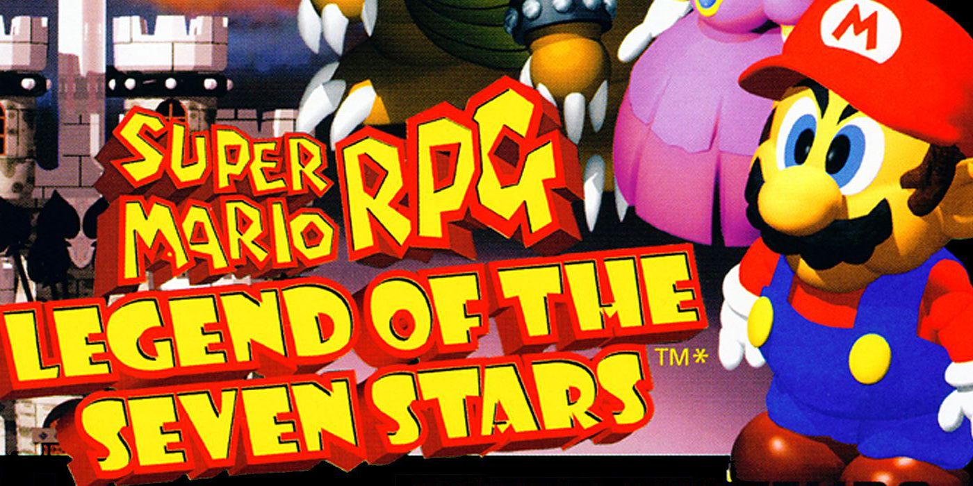 Título Super Mario Rpg Leged of Seven Stars no lado esquerdo da imagem e Mario no lado direito
