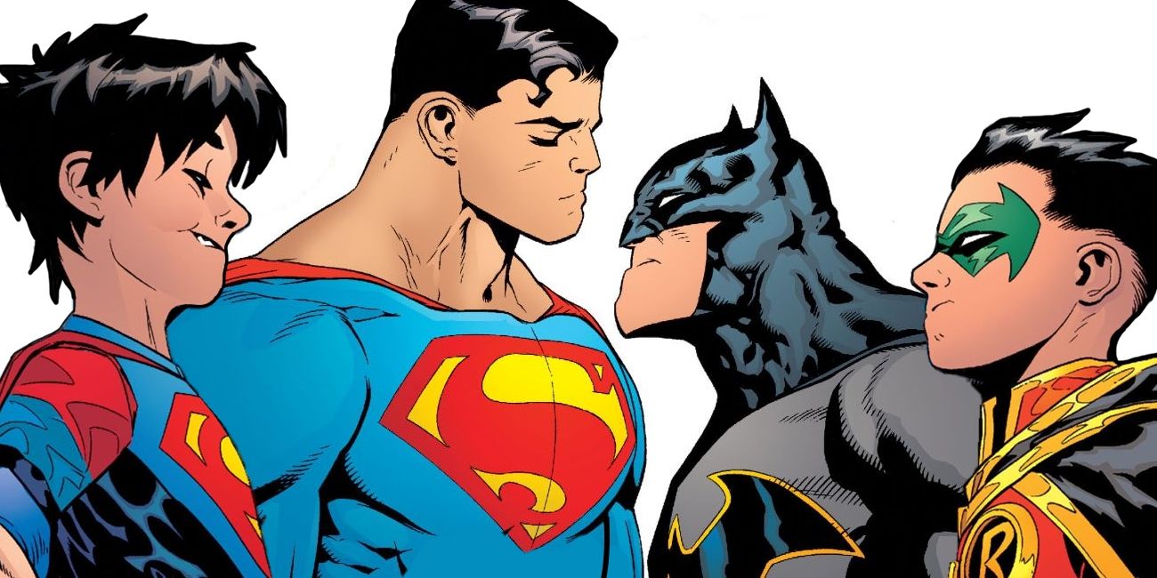 Superman, Superboy, Batman &amp; Robin stare each other down in DC comics.