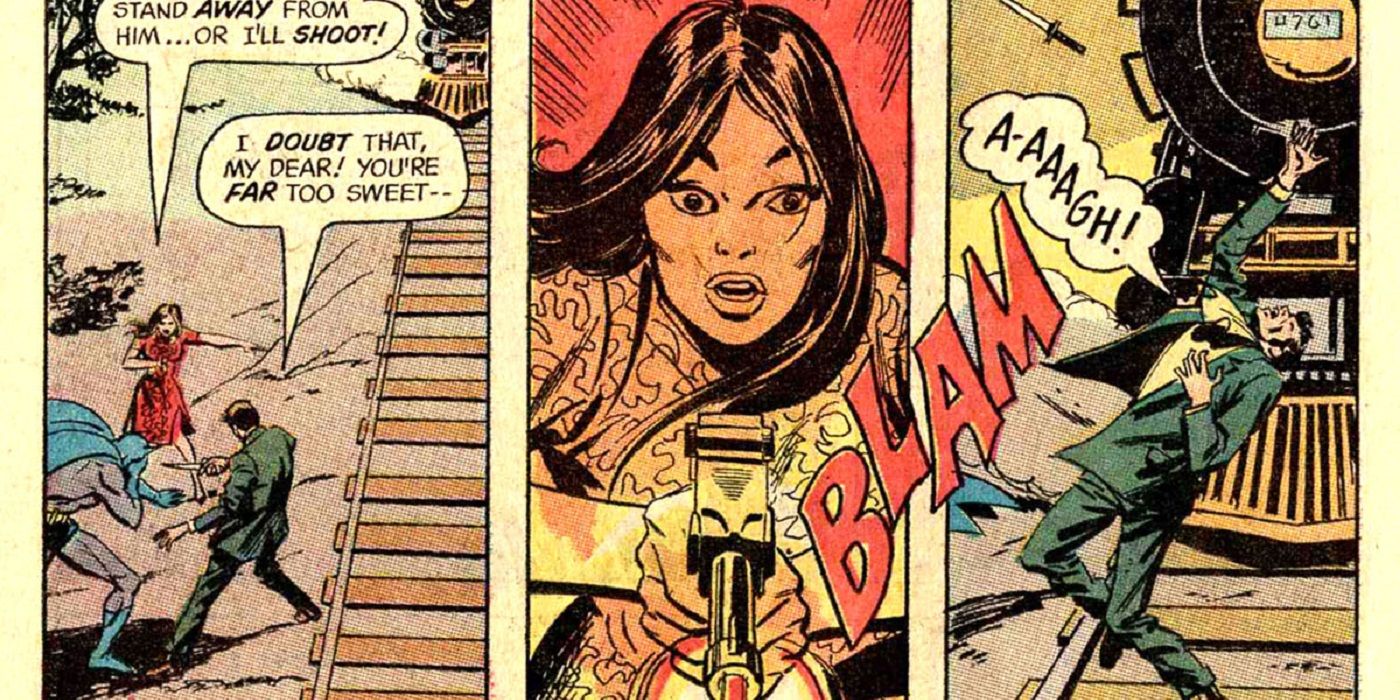 Talia al Ghul shoots Darrk and saves Batman in Detective Comics #411