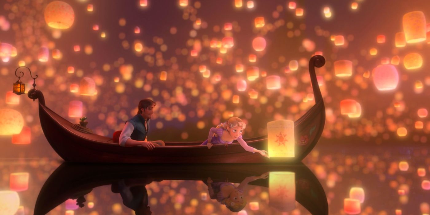 Flynn and Rapunzel watching the lights in the boat