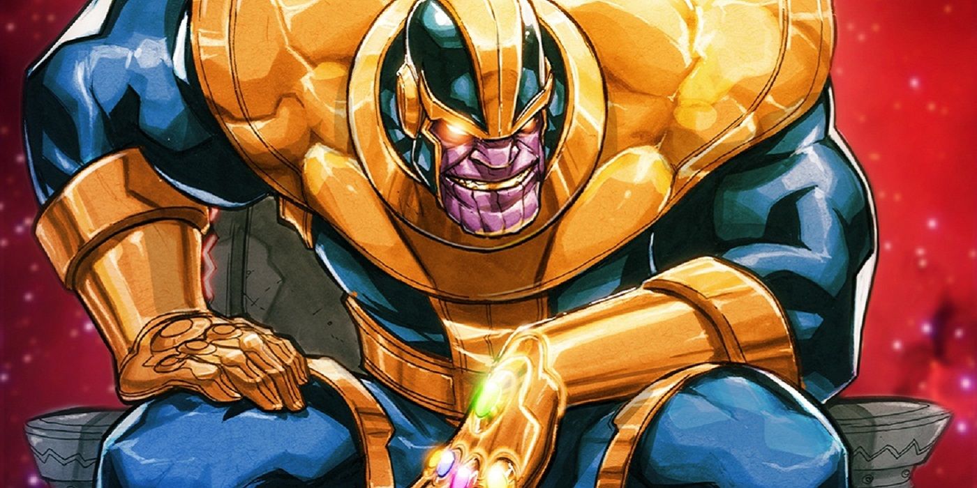 Thanos sitting on his throne in Marvel Comics