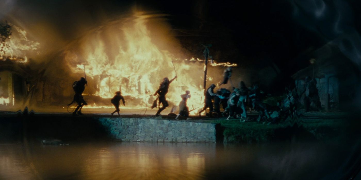 An image of the Shire burning in The Lord of the Rings