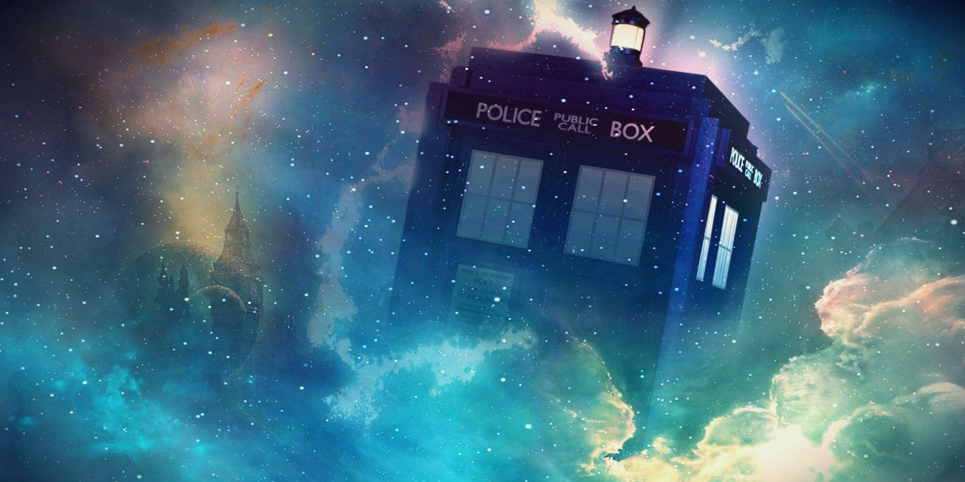 The TARDIS from Doctor Who traveling through space and time
