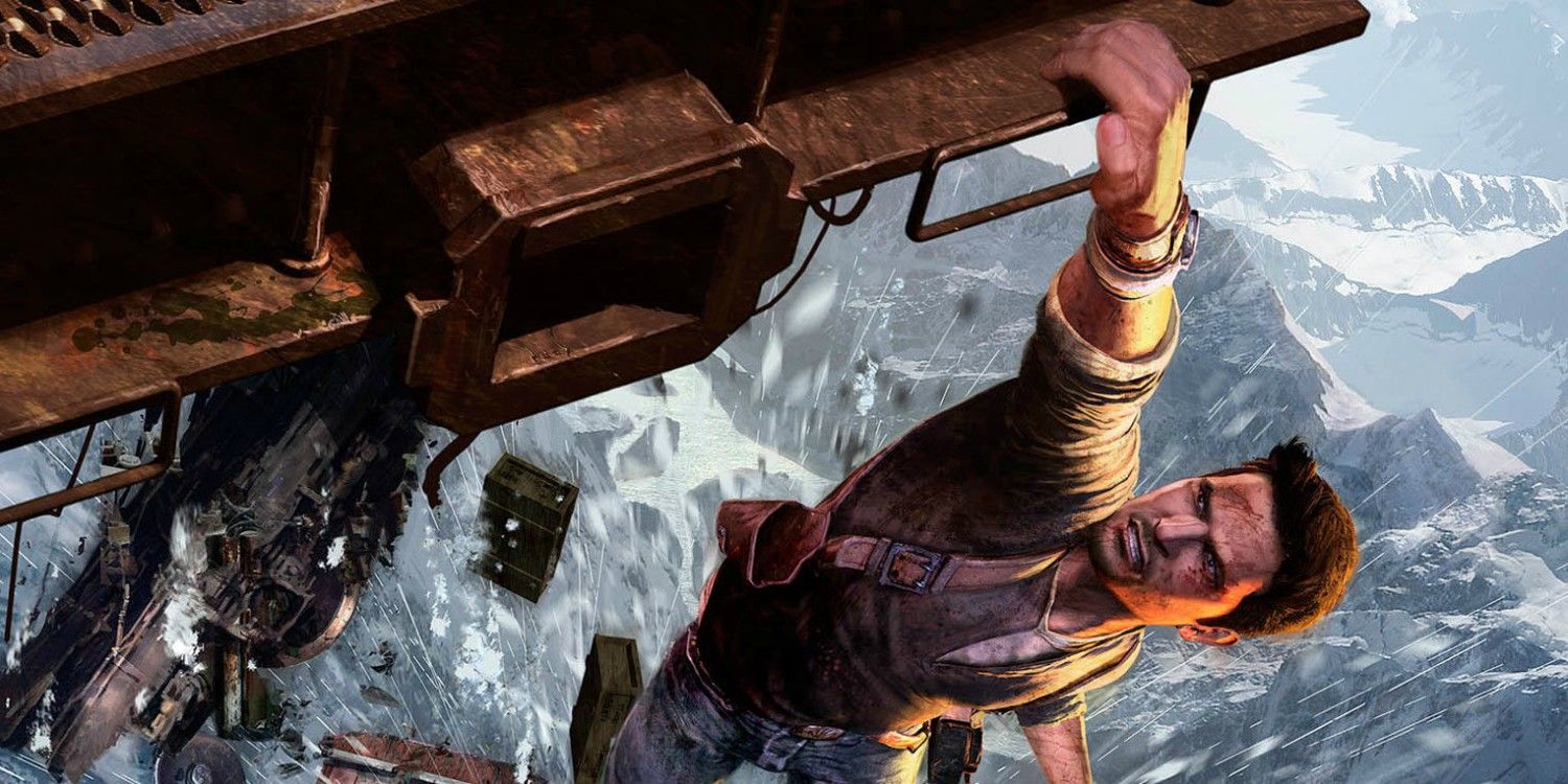 Nathan Drake climbs up a derailed train in Uncharted 2