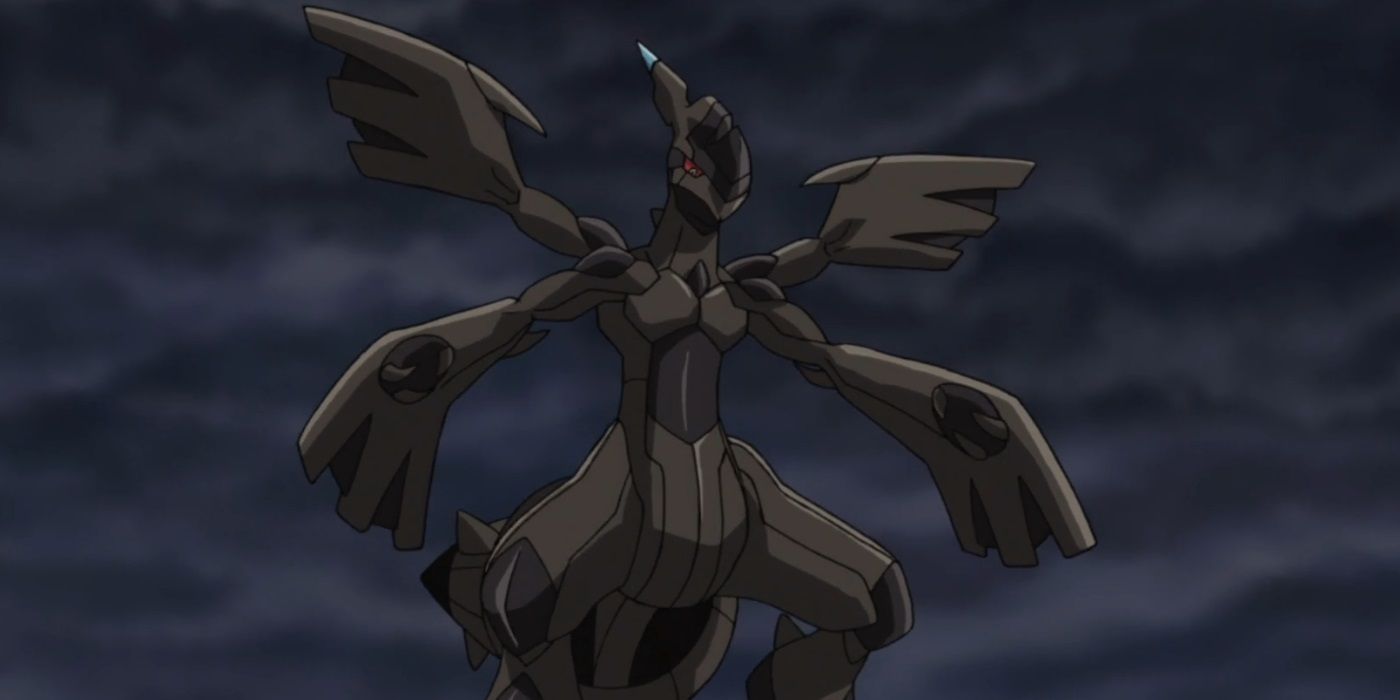 Zekrom with dark clouds in the background in the anime.