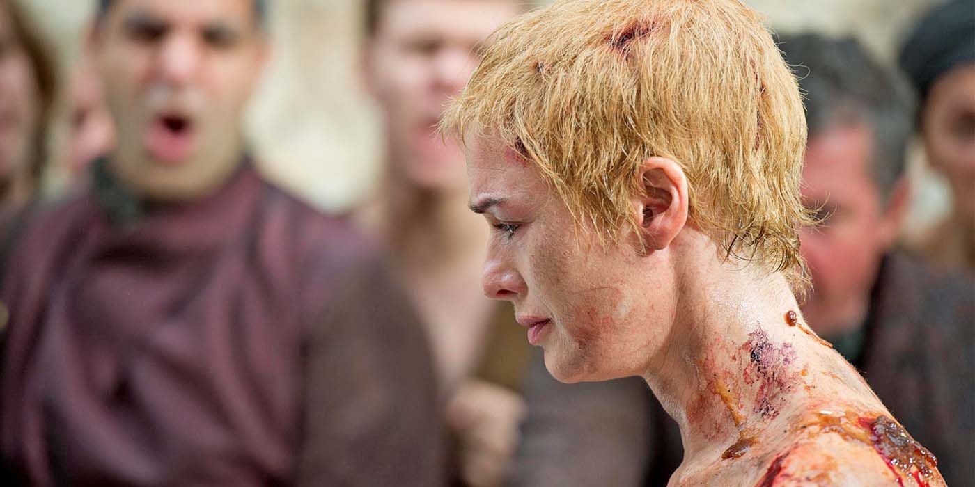Cersei Lannister crying during her walk of shame in Game of Thrones