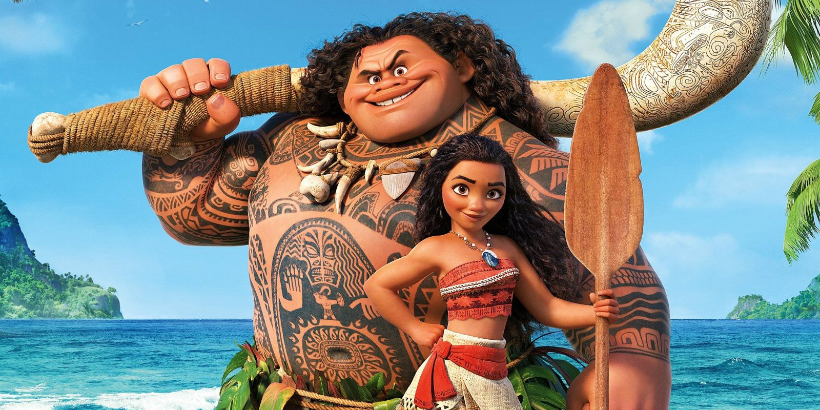 Moana and Maui standing on a beach and facing forward in Moana
