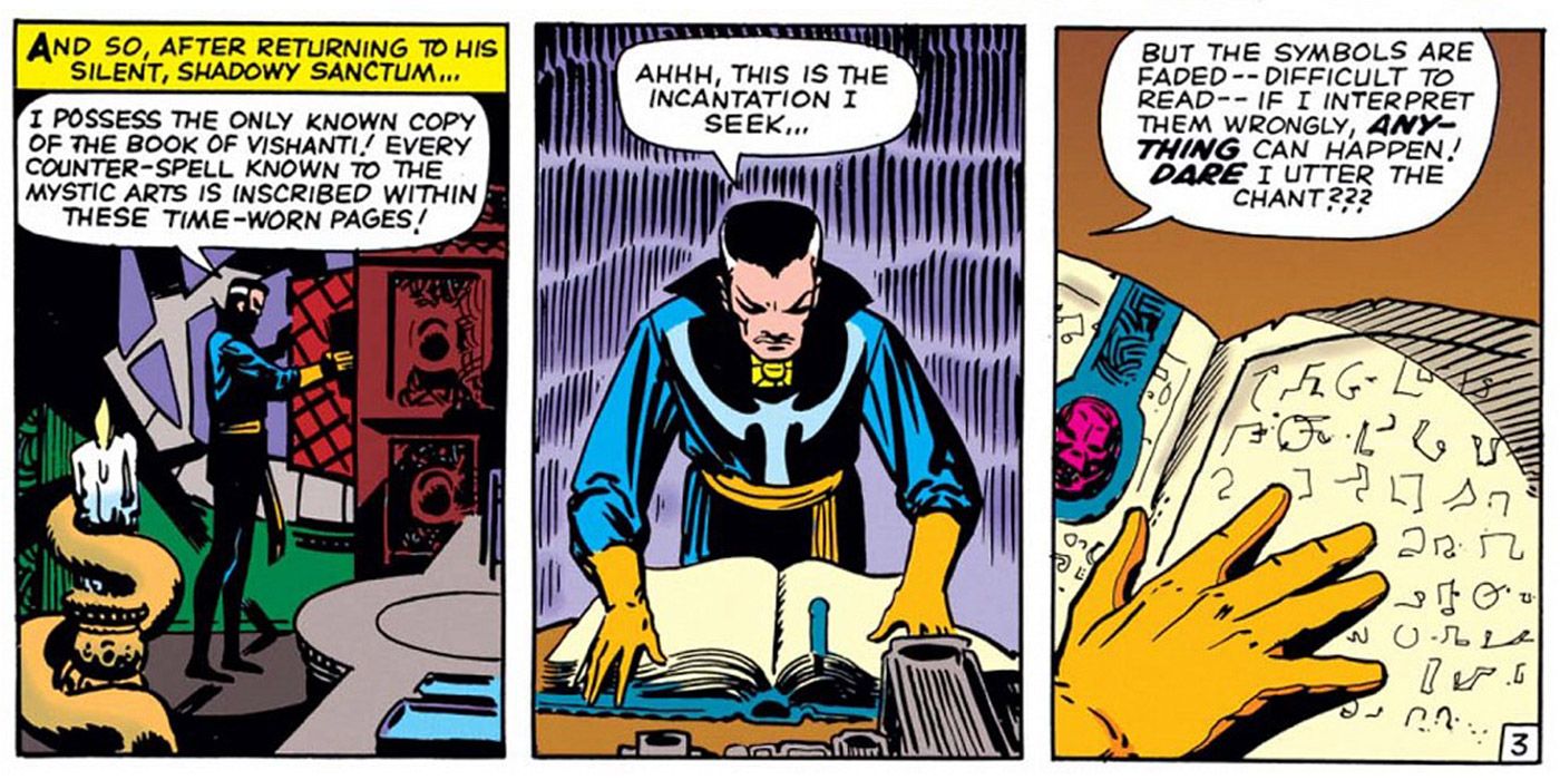 An image of Doctor Strange looking over the book of Vishanti in the comics
